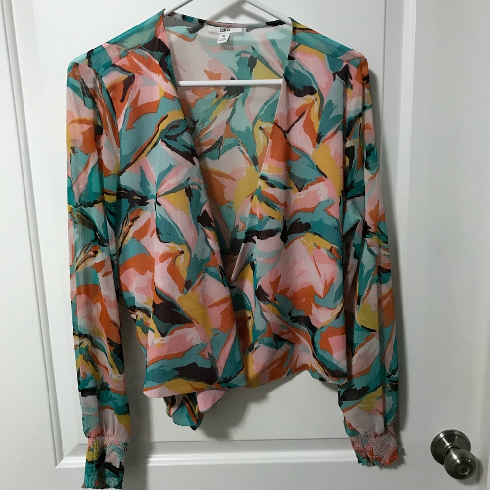 Bar III Multi-color teal, pink wrap top blouse Size XL